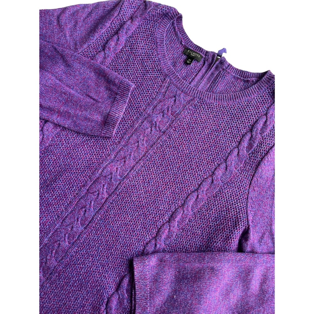 Talbots Woman 2X Purple Cable Knit Sweater Zipper Back Crew Neck Long Sleeve 2X